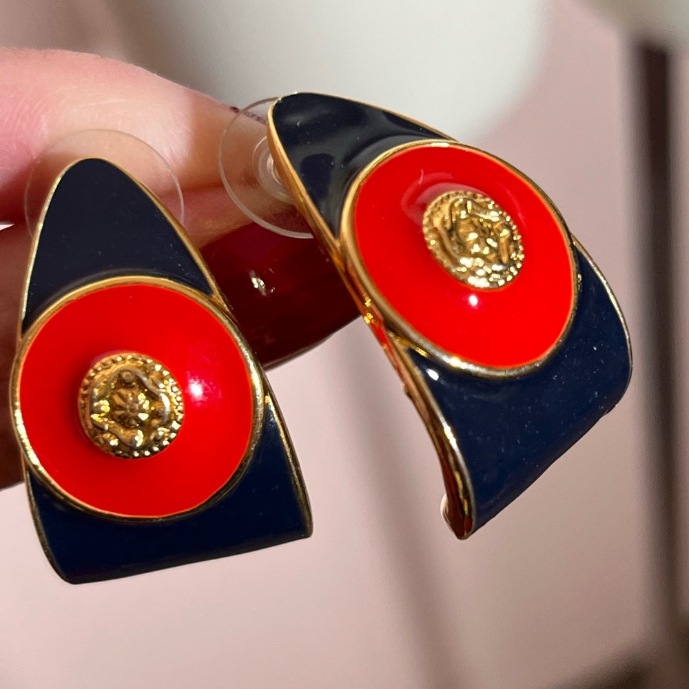Vintage 1980 90 retro Heavy Gold Red Blue Byzantine oversized Half hoop Earrings - Picture 10 of 13